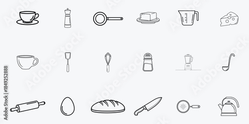A collection of various kitchen utensils and food items