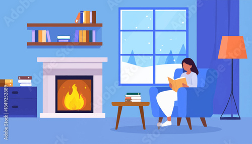 A person reads a book by a fireplace during winter in a blue, cozy room with bookshelves and a floor lamp