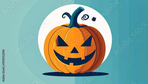 A cartoon-styled jack-o'-lantern with a teal stalk and base
