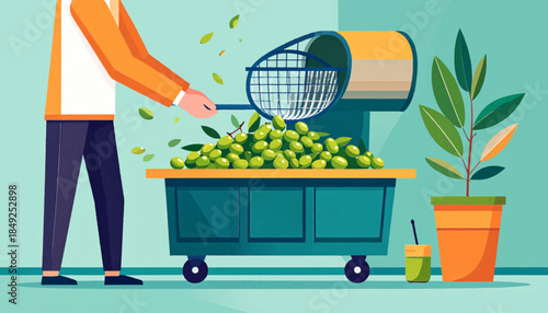 A person sorts green olives from a cart, with plant life enriching the scene in stylized, modern illustration