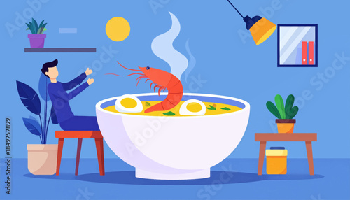 A person looking at a very big bowl of shrimp and egg soup in an indoor setting with plants and simple furniture