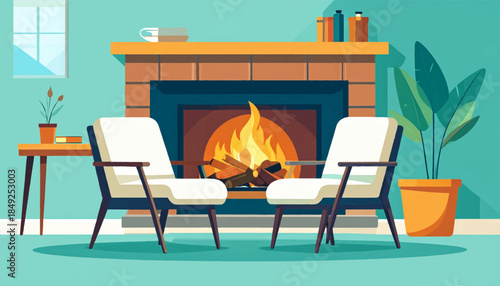 A cozy, simplified room with a fireplace, two chairs, and plants against a muted teal wall in a flat vector art style