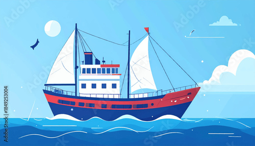 A red and blue sail boat with white sails cruises on choppy blue waters under a bright sunny sky