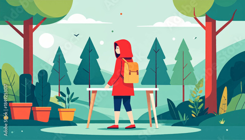 A red-hooded figure stands at a table in a stylized forest with planters and triangular trees on a teal field