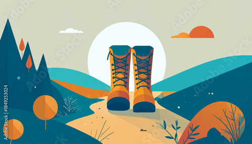A stylized illustration of hiking boots on a path, set against a nature background with hills, trees, and sky
