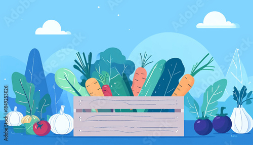 A crate filled with vegetables against a blue, mountain landscape with clouds