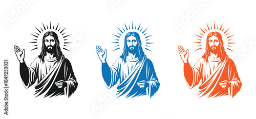 Jesus christ icon set, three colors, vector illustration