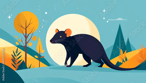 A dark animal walks in a stylized landscape under a bright moon and stars in a graphic design illustration