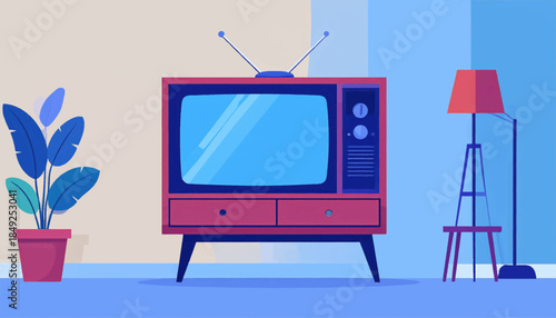 A retro cartoon living room with a plant, television, and floor lamp in a blue, pink and off-white color palette