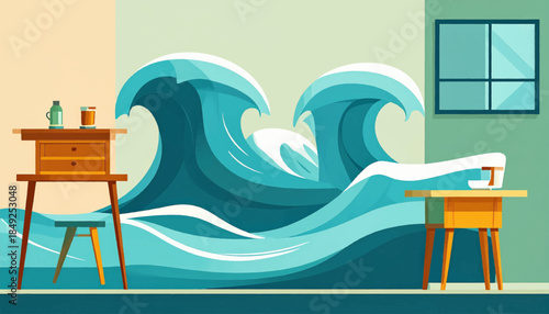 A room is flooded with ocean waves, but tables and other items are in place