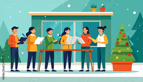 A diverse group of people singing carols outside in the snow near an adorned Christmas tree by a building