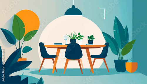 A stylized, indoor scene featuring dining table with plants and chairs, under a lamp, bathed in soft, colorful light