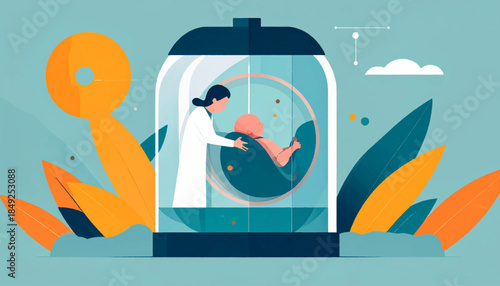 A doctor in a futuristic chamber with a baby, styled with geometric shapes and cool color palettes