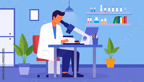 A doctor is in a lab looking through a microscope. There are plants, books, and beakers in the room