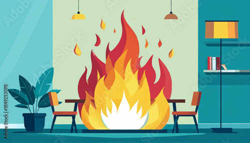 A stylized interior features a large fireplace, flanked by tables and chairs, with a plant and a lamp