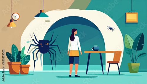 A woman encountering a giant spider in a modern, plant-filled, teal and beige room