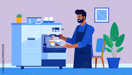 A flat illustration shows a barista making coffee with plants and framed art as backdrop