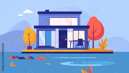 A stylized, modern house next to water, with fall foliage and a minimalist design and a tranquil, serene atmosphere