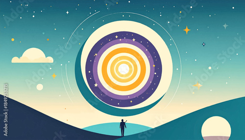 A silhouette stands before a large, colorful, swirling cosmic portal under a starry night sky