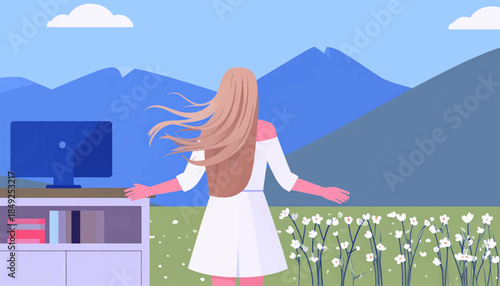 A woman in a white dress stands with arms outstretched, facing a meadow, mountains, and sky with clouds