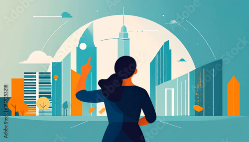 A woman faces an abstract city skyline, pointing to a tall building with a vintage clock tower