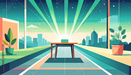 A stylized, minimalist art of a table and cityscape with bright light rays through a window, indoor plant