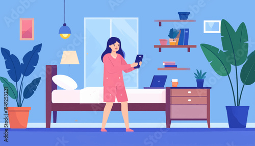 A woman in pink pajamas is looking at her phone in a serene bedroom with plants