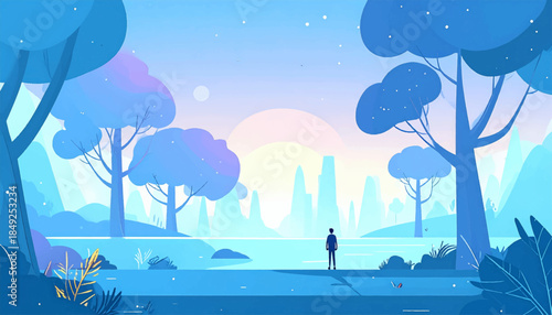 A stylized, monochromatic illustration of a lone figure admiring a calm, stylized landscape at dusk