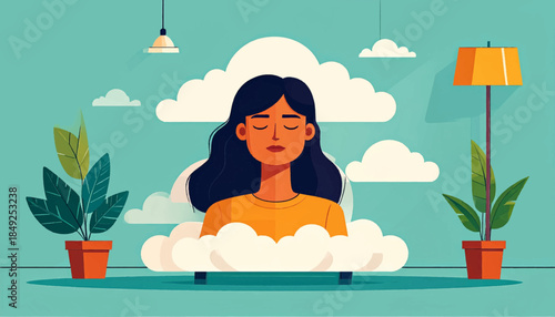 A woman meditates amidst clouds, houseplants, and a lamp against a muted blue backdrop in a serene illustration