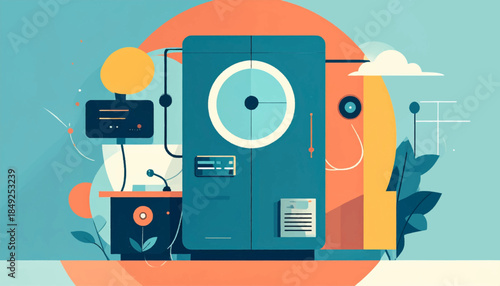 A flat, stylized image of a machine with rounded shapes and bold color blocking