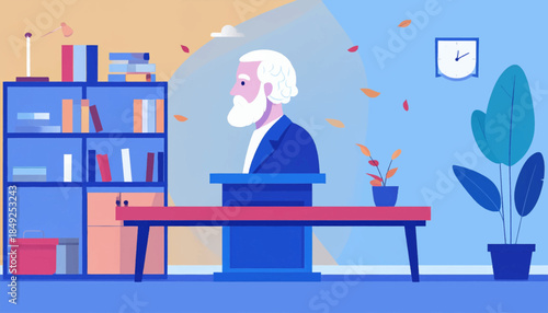 A simplified illustration of a bearded scholar at his lectern, complete with books, clock, & plants