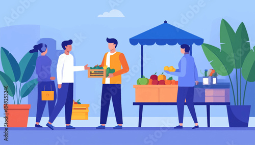 A flat vector illustration depicts a farmer's market with people buying fresh produce under a blue canopy