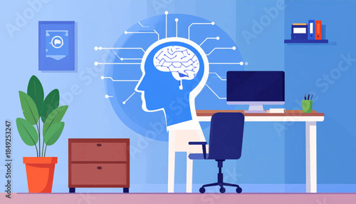 A stylized office scene featuring a brain-computer interface concept and minimalist furniture