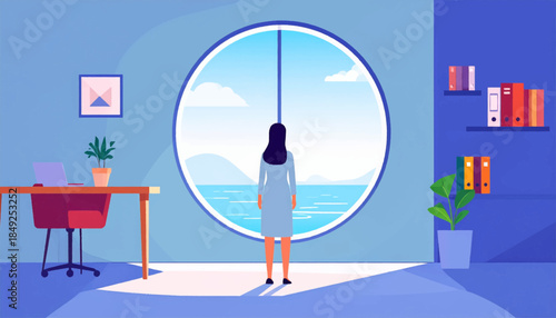 A stylized office scene with a woman looking out a round window at the ocean, light blue, muted tones