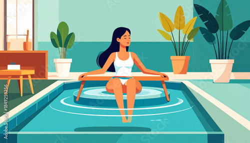 A woman relaxes in a pool, seated on a wooden structure, surrounded by potted plants, in a stylized setting