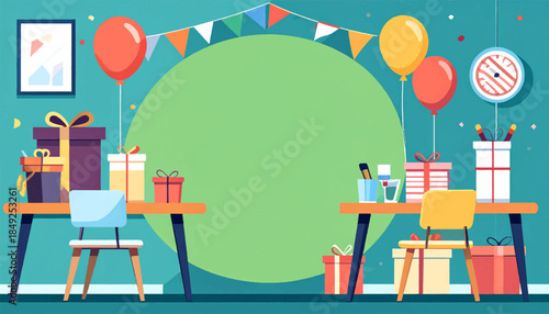 A flat, whimsical birthday party illustration featuring presents, balloons, flags, tables, chairs, and abstract art