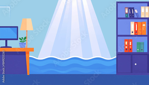 A flooded office interior with desk, lamp, plant, bookshelf and watery surface illuminated from above