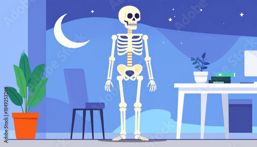A skeleton stands in a room bathed in moonlight, amidst plants and desk with monitor, creating a spooky, night scene