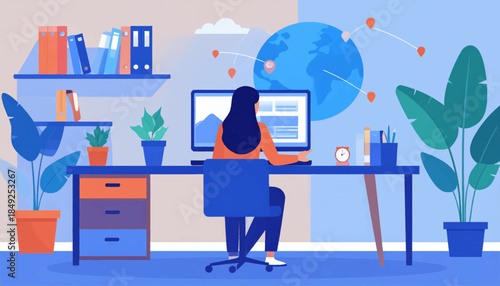 A woman sits at a desk working on a computer, a stylized globe behind it with locations marked on the map