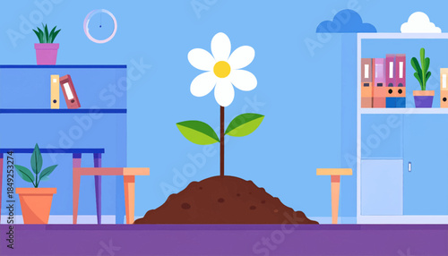 A flower grows from soil in a blue office space, shelves, books, and plants around
