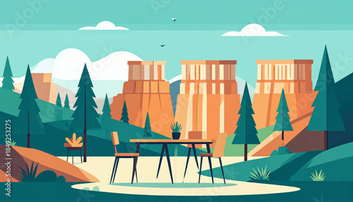 A stylized outdoors with angular trees, mountain ruins, dining furniture, and a potted plant under a light blue sky