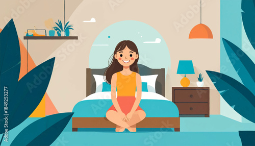 A woman sits cross-legged on the floor in her bedroom with a bed, plants, and a nightstand visible in the scene