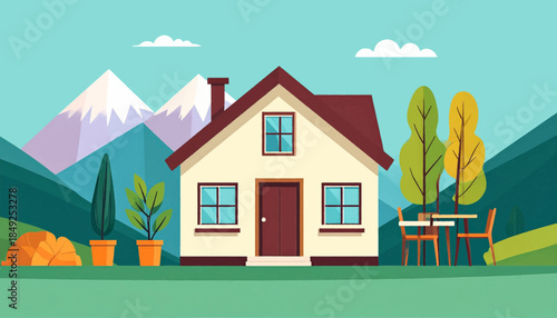 A flat-style illustration of a cute house with mountains and green fields on a clear day