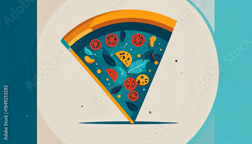 A slice of pizza art with tomatoes, basil, & yellow pieces on a teal background in a stylized, modern design