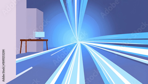 A stylized office space with a radiating blue light and a desk with computer