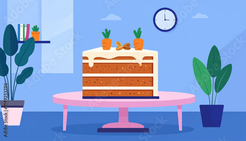 A slice of layered carrot cake on a pink table in a room with plants, books and a clock on blue walls