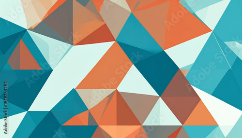 Abstract design comprised of interlocking triangles in shades of blue, orange, and tan