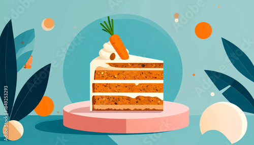 A slice of carrot cake with cream and carrot decor, on a pink pedestal, against an abstract blue backdrop