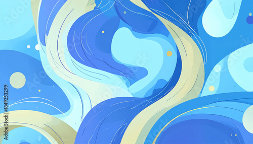 A flowing abstract design with organic shapes in cool blues, light creams, and yellows with thin line accents