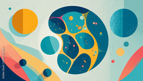 Abstract art featuring circles, flowing lines, and shapes in a modern, colorful, flat design with a playful aesthetic